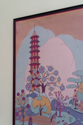 A stylized artwork featuring a tall pagoda surrounded by vibrant trees with flowers and birds. The scene is decorative with a mix of botanical elements and whimsical patterns. The color palette is soft, with pastels and muted tones creating a serene landscape.