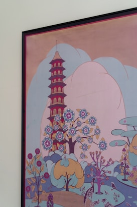 A stylized artwork featuring a tall pagoda surrounded by vibrant trees with flowers and birds. The scene is decorative with a mix of botanical elements and whimsical patterns. The color palette is soft, with pastels and muted tones creating a serene landscape.