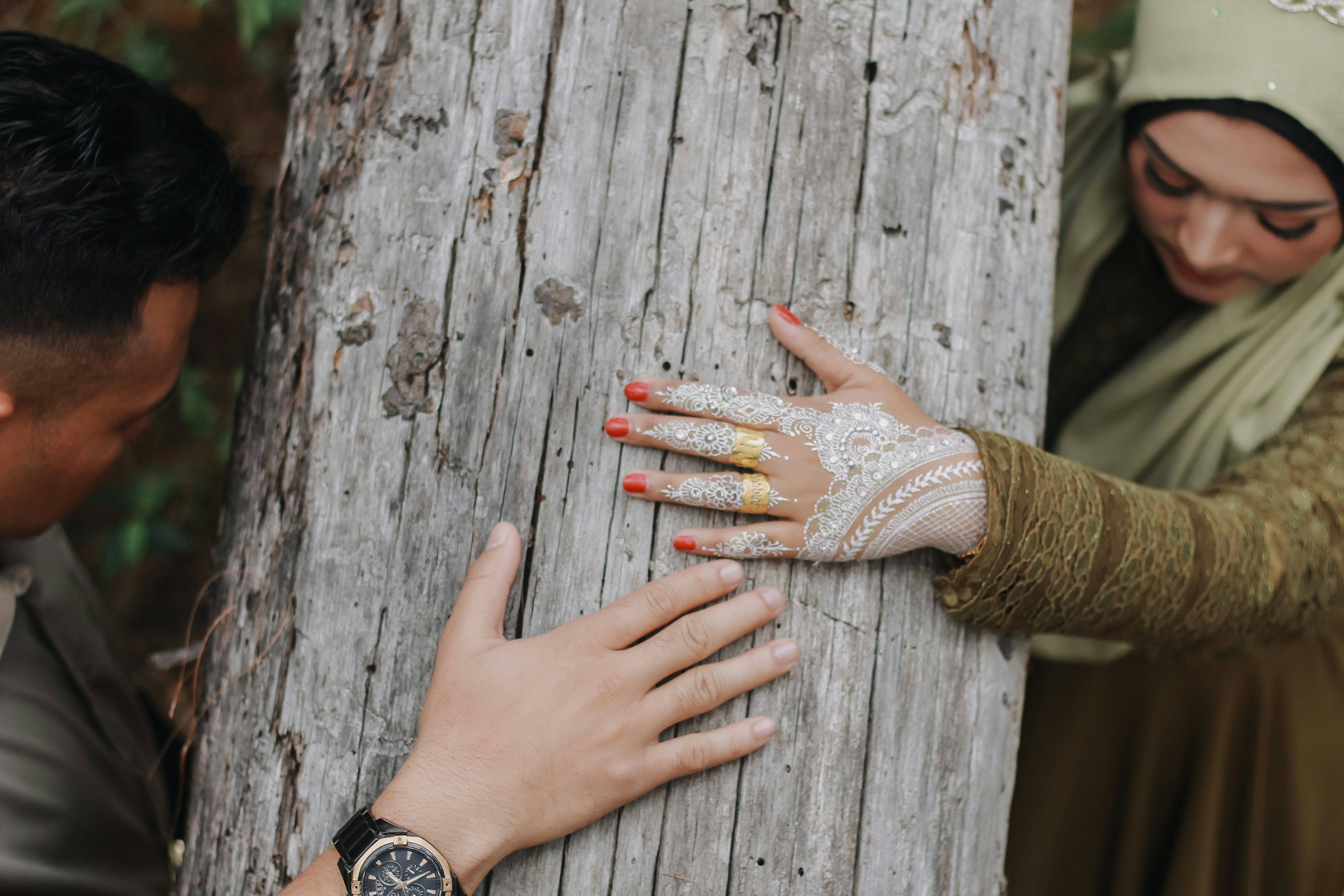 Man and woman holding tree