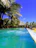 Couple relaxing by the condo pool surrounded by lush palm trees under a clear blue sky.
