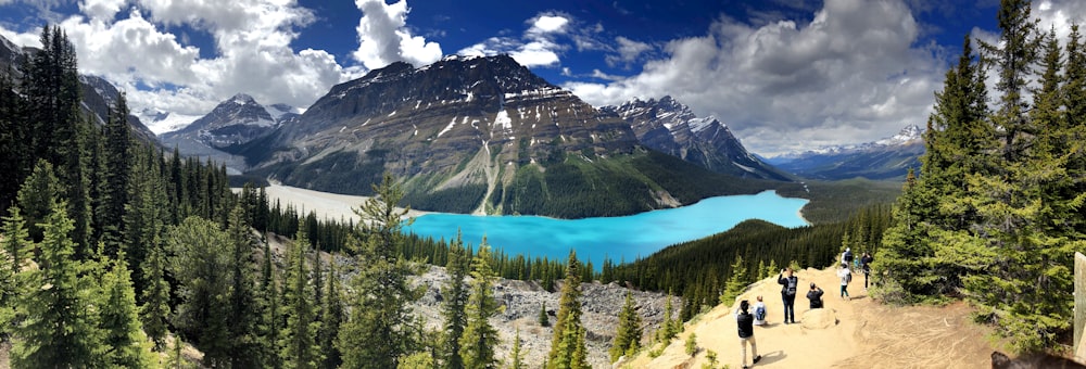 people standing on ground near trees and mountains