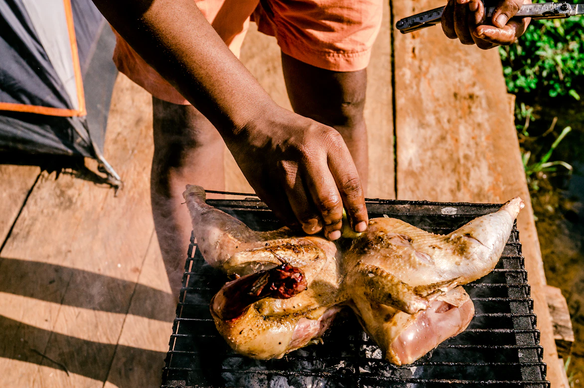 Flame grilled meat over a traditional African braai