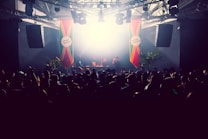 A crowded nightclub scene featuring a DJ booth illuminated by bright lights. The crowd is silhouetted against the stage, where DJs are performing. Colorful banners hang from the ceiling, and there are large speakers visible on both sides. Some palm plants add a tropical atmosphere to the setting.
