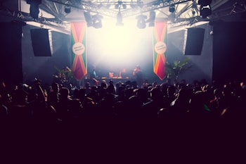 A crowded nightclub scene featuring a DJ booth illuminated by bright lights. The crowd is silhouetted against the stage, where DJs are performing. Colorful banners hang from the ceiling, and there are large speakers visible on both sides. Some palm plants add a tropical atmosphere to the setting.