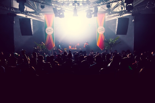 A crowded nightclub scene featuring a DJ booth illuminated by bright lights. The crowd is silhouetted against the stage, where DJs are performing. Colorful banners hang from the ceiling, and there are large speakers visible on both sides. Some palm plants add a tropical atmosphere to the setting.