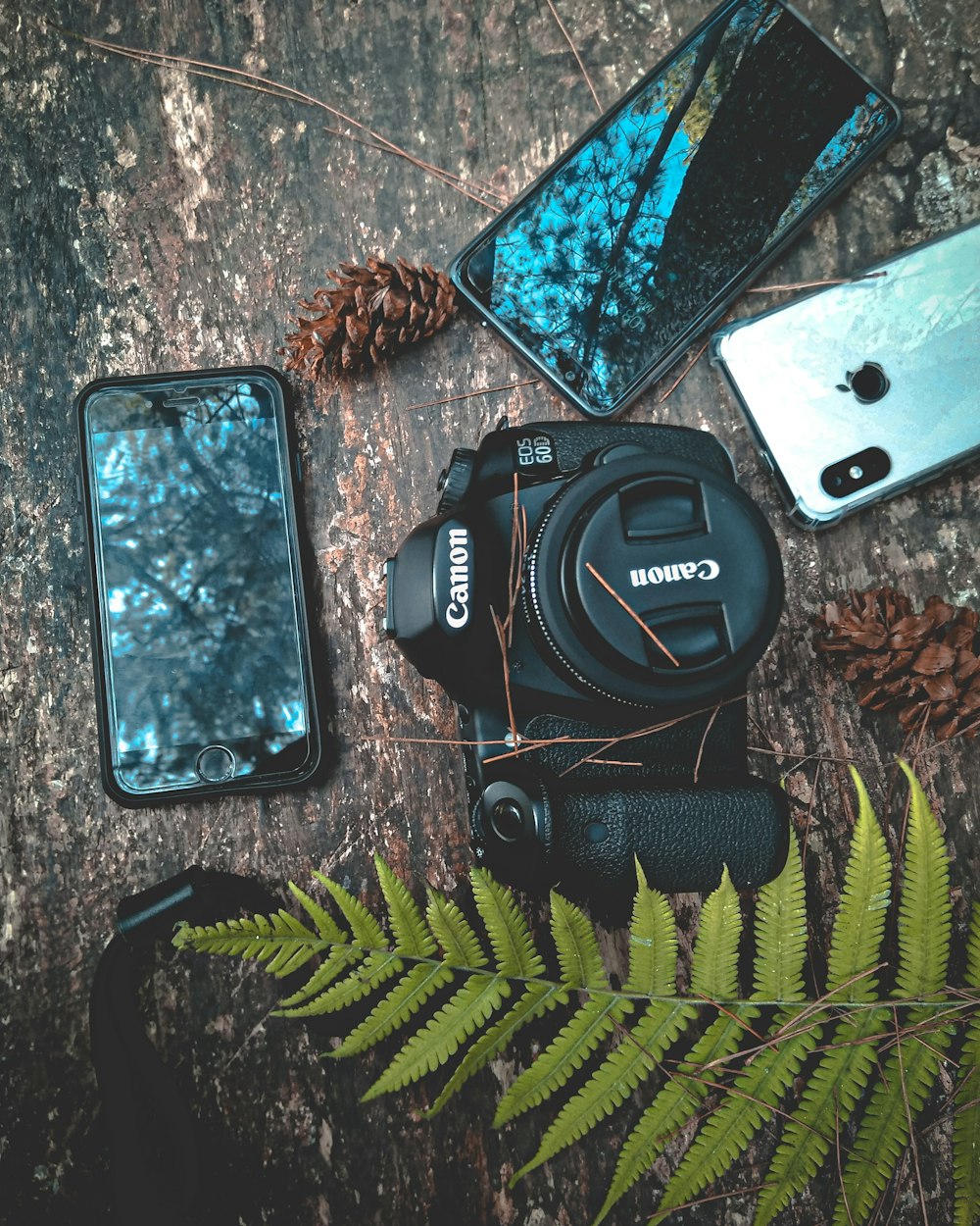 black Canon DSLR camera with three smartphones