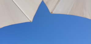A large umbrella protected by a fitted, durable cover, standing tall against a clear blue sky.