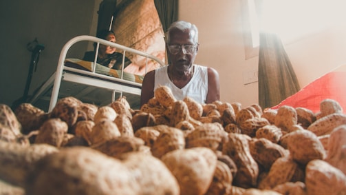 An elderly man is sitting beside a large pile of peanuts. He is wearing glasses and a white tank top. In the background, another person can be seen on a bed, with light coming through a window covered by curtains.