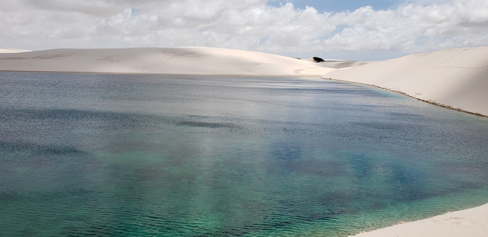 a body of water surrounded by sand dunes