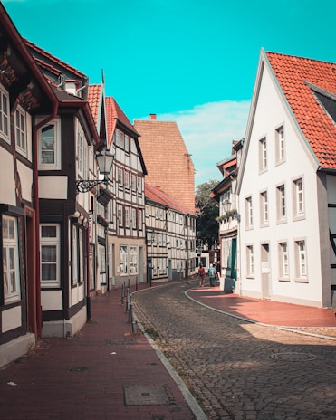 Historic brick buildings in Harburg's old town area with cobblestone streets.