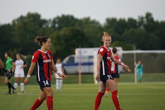 Two soccer players wearing red and blue uniforms are on a field, smiling and walking. There are other players and a goalpost in the background, with a lush, green backdrop and overcast sky.