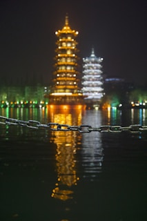Night view of Kyoto’s illuminated pagoda reflecting in a calm river