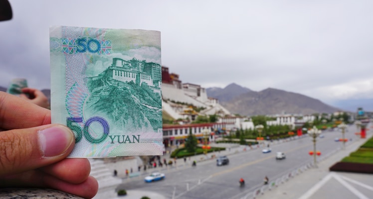 A hand holding a 50 Yuan banknote, depicting a landscape with the Potala Palace prominently featured in the background. The scene is a blend of both actual location and the image on the currency, showcasing the architectural masterpiece against a mountainous backdrop.
