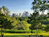 A lush green park with people relaxing on the grass.