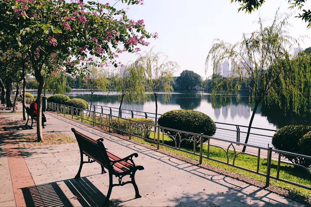 vacant brown and black wooden bench outdoor during daytime