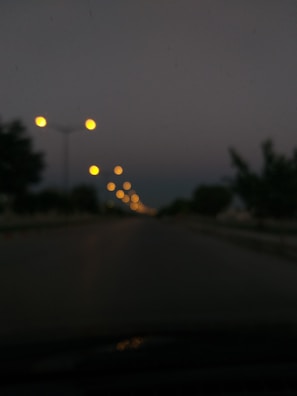 Motion-activated outdoor lights casting a warm glow on a driveway at twilight.
