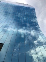 A sleek glass facade reflecting the skyline.