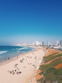 A vibrant beachfront scene with people sunbathing and walking on a sandy beach. The sea is a rich blue with gentle waves lapping the shore. A city skyline with modern high-rise buildings is visible in the background, while grassy areas and a stone path run alongside the beach.
