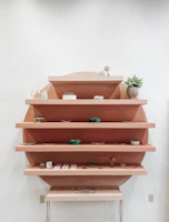 Close-up of a wall-mounted shelving system displaying neatly arranged accessories and small items.