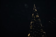 An iconic landmark illuminated at night against a starry sky.