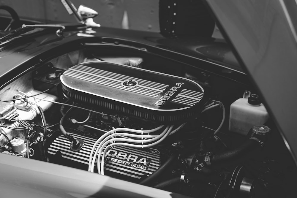 grayscale photo of engine bay