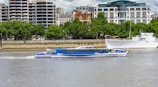 A modern riverboat navigates along a wide river, with a cityscape in the background featuring several large, modern buildings and lush green trees lining the riverbank. A white ship is docked nearby, adding to the bustling scene.