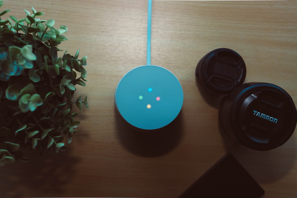 round blue portable speaker