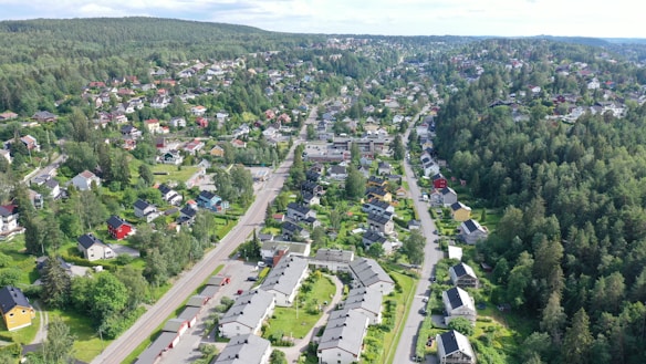 An aerial view of a residential area surrounded by dense forests and greenery. The image showcases numerous houses scattered over a hilly landscape, with roads interconnecting the neighborhood. The architecture is diverse, with colorful rooftops and a variety of building styles. The scene is bathed in natural light, highlighting the lush vegetation.