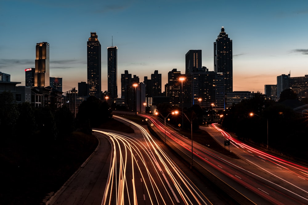 time lapse photo of cityscape at night