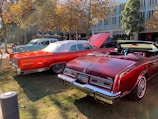 Several classic cars are parked on a grassy area. The vibrant red and orange vehicles appear to be from the mid-20th century, featuring convertible roofs and polished chrome details. In the background, autumn trees and a modern building add to the setting. A bright, sunny day casts soft shadows, enhancing the warm tones of the scene.