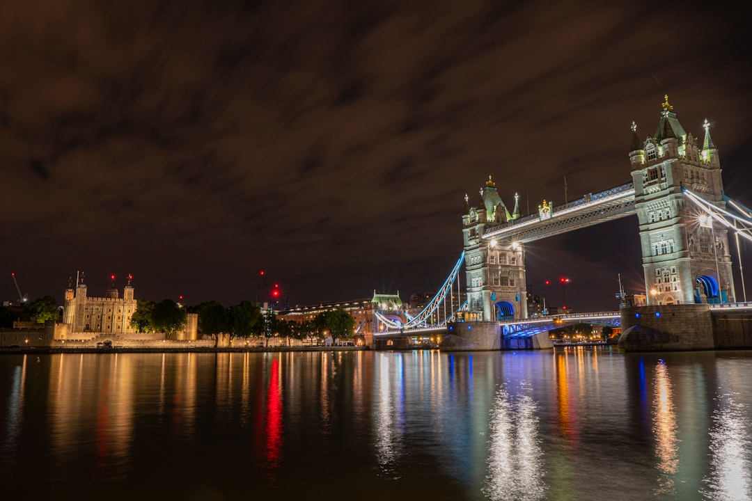 lighted city across bridge