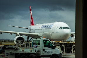 A large commercial airliner is parked on the tarmac with a service truck labeled 'Aircraft Lavatory Service' in the foreground. The airplane has a white body with a red tail fin featuring a logo. The sky is overcast, creating a moody atmosphere.