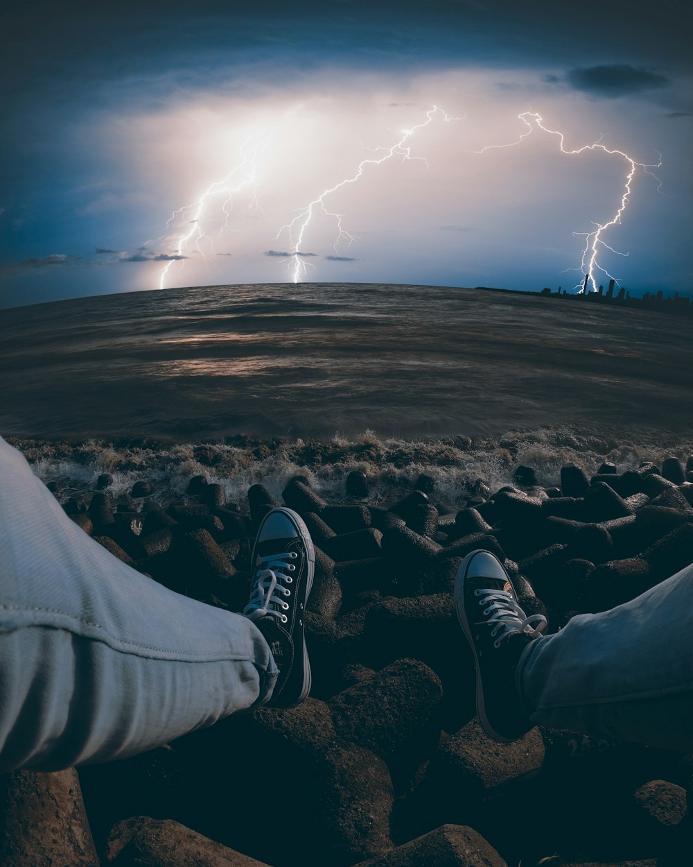 lightning at the sea during stormy day