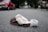 A single brown slipper with white fluffy lining rests on an empty street. In the background, a red vehicle is parked along the side of the road, which is lined with trees and blurred buildings.