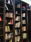 A multi-tiered children's bookshelf with playful colors and stuffed animals in a cheerful kids' room.