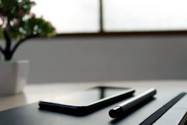 Close-up of hands writing notes next to a smartphone and a small plant.