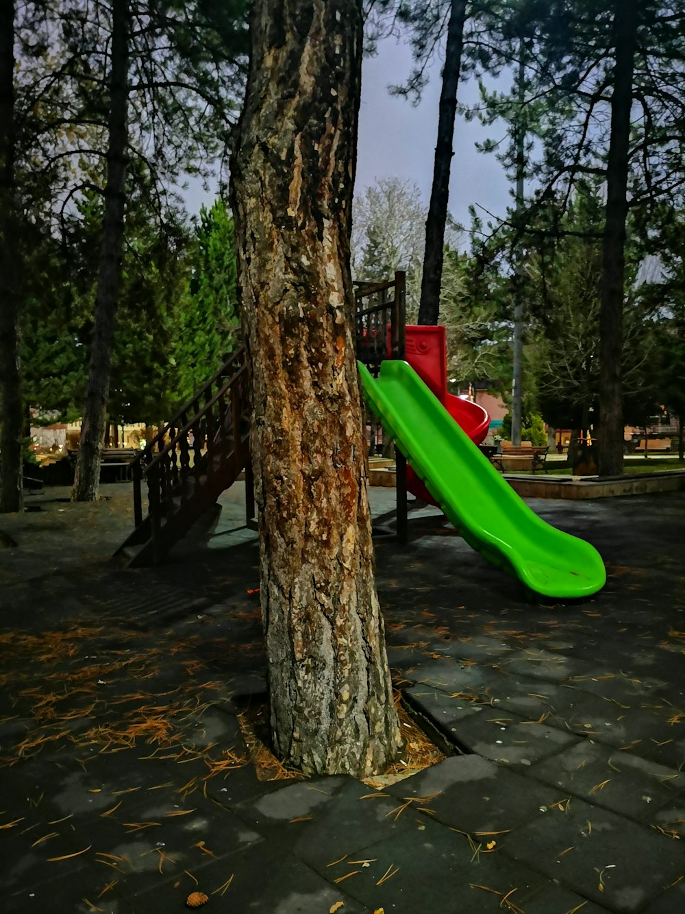 green, red, and brown outdoor playset