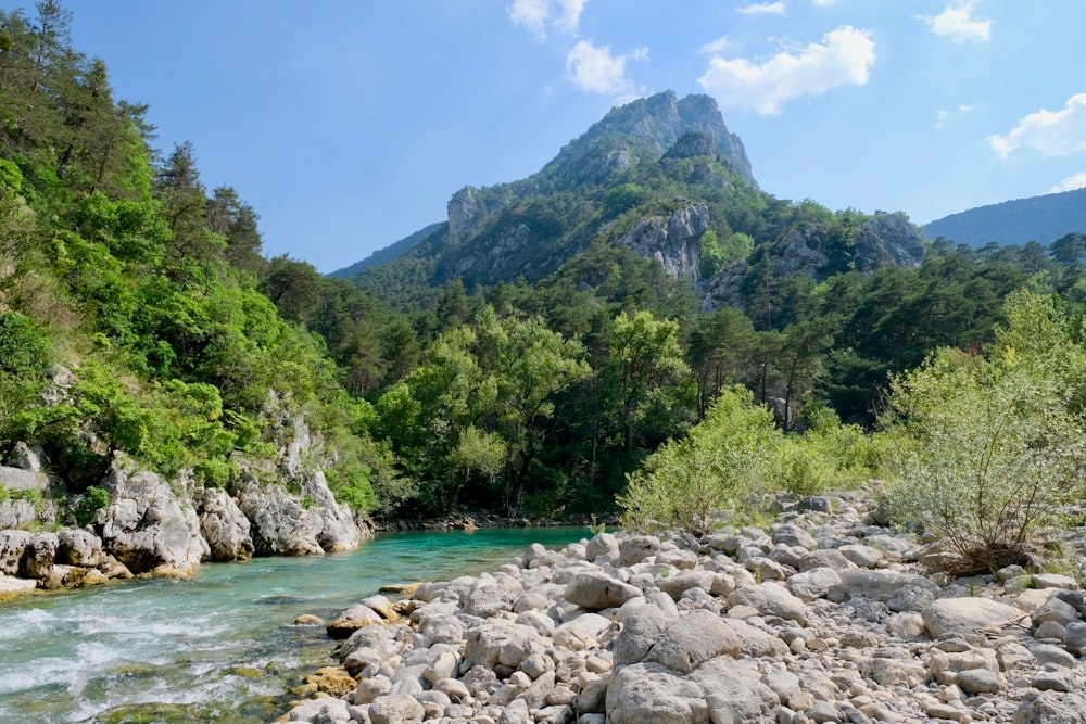 river between rockss under blue sky