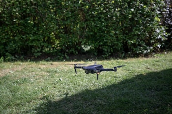 A drone hovers above a grassy lawn with a dense green hedge in the background.