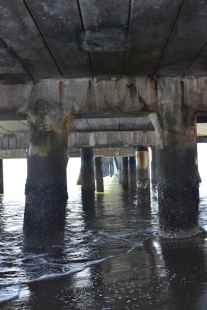 A view beneath a concrete pier, featuring large columns extending into the water. The surface of the water reflects light from the open sides of the pier, and some barnacles can be seen on the lower parts of the columns.