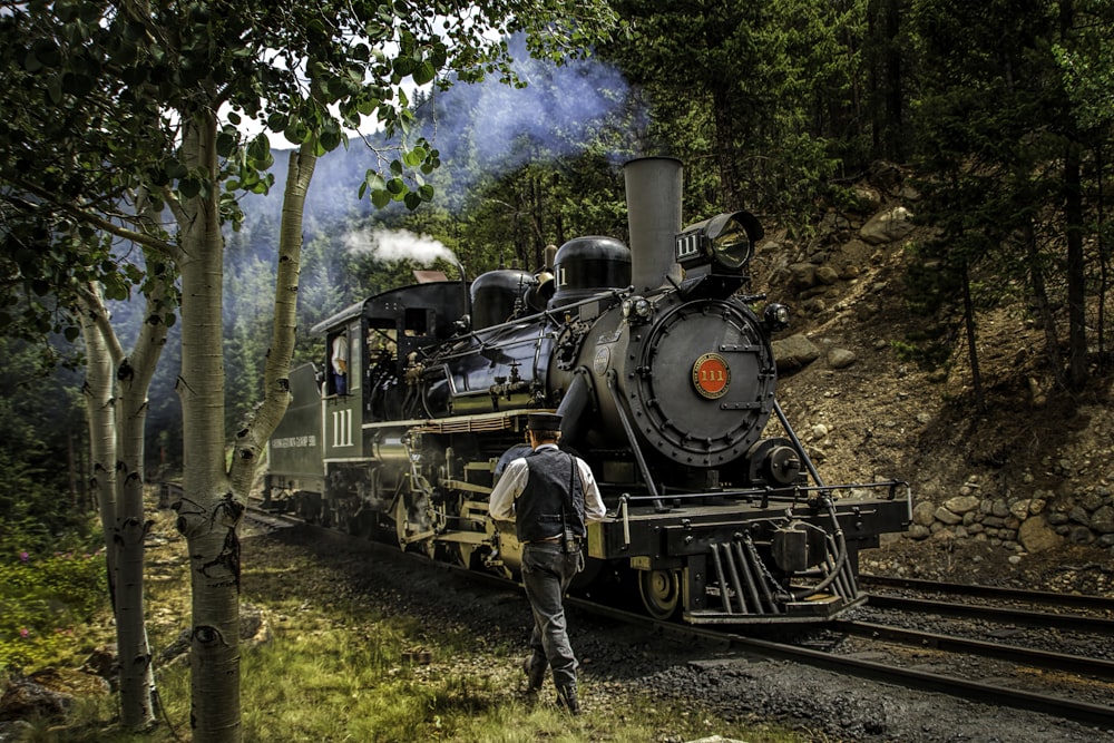 man walking near locomotive and trees