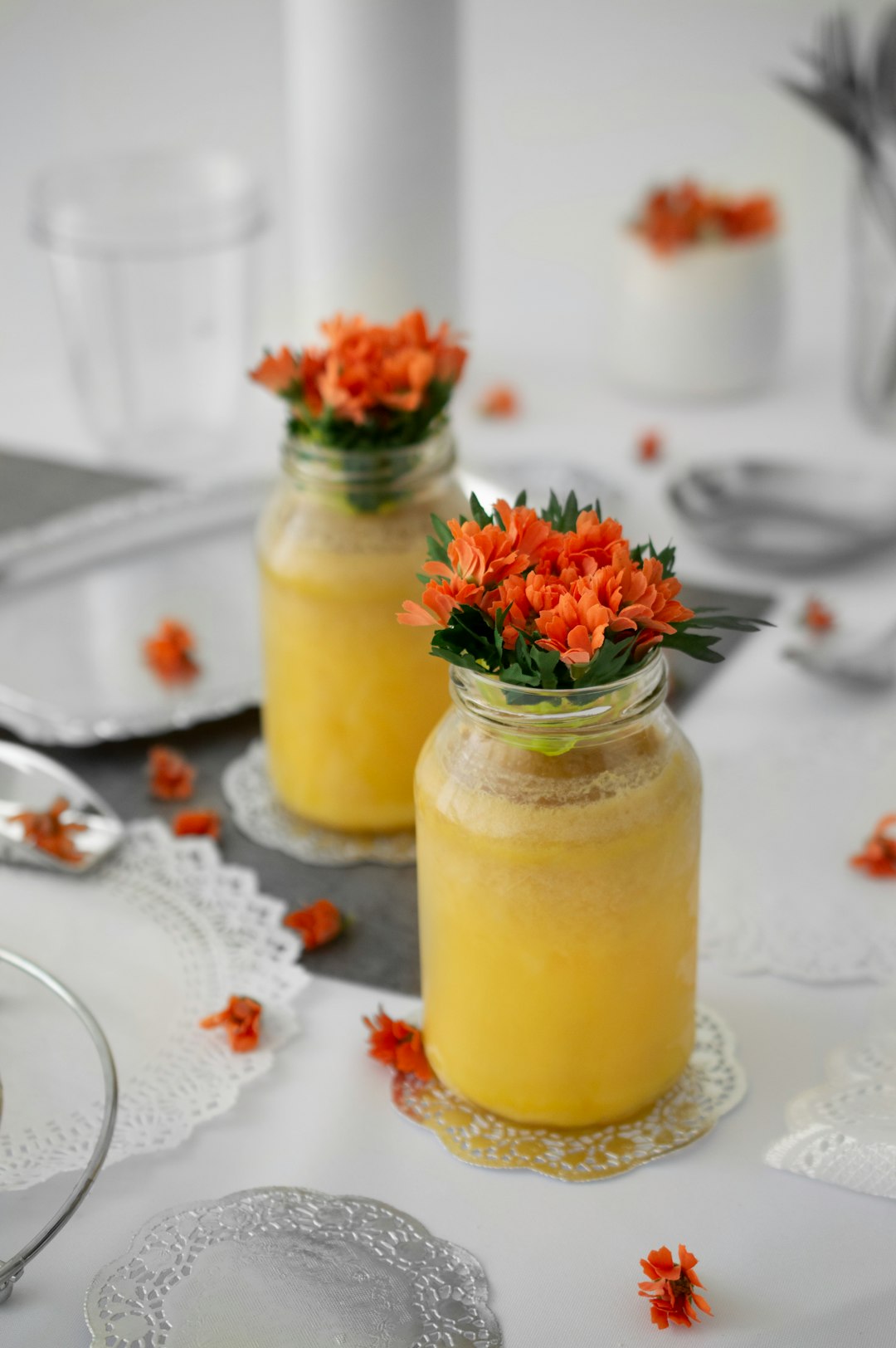 mango juice with flowers on top