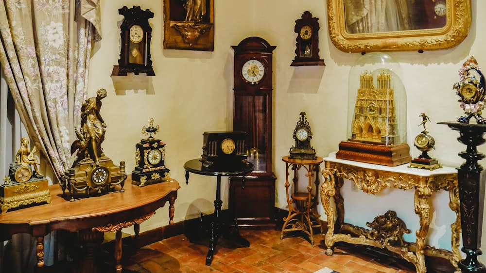 grandfather clock beside white table