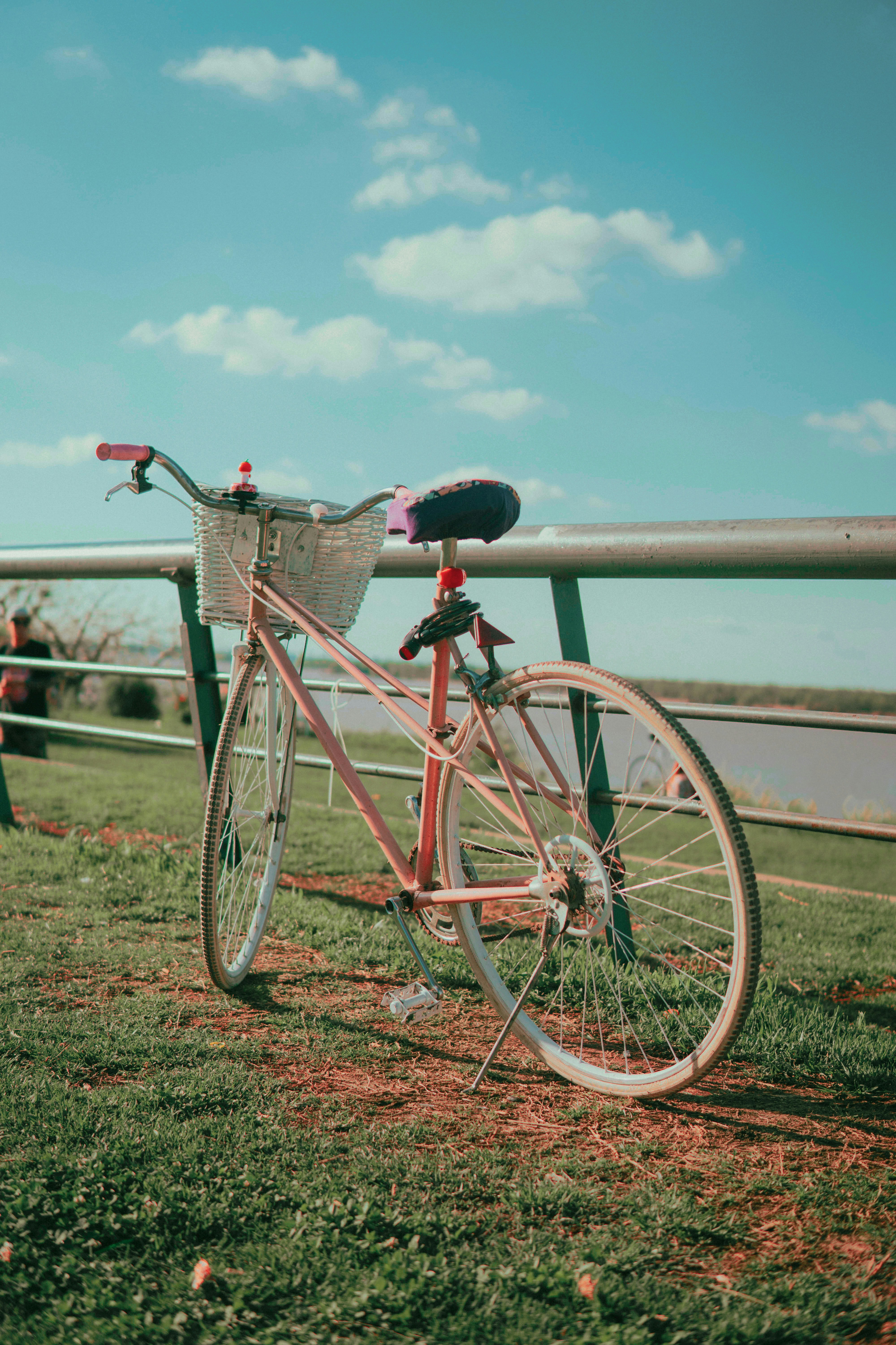 pink and white bicycle beside gray metal rail