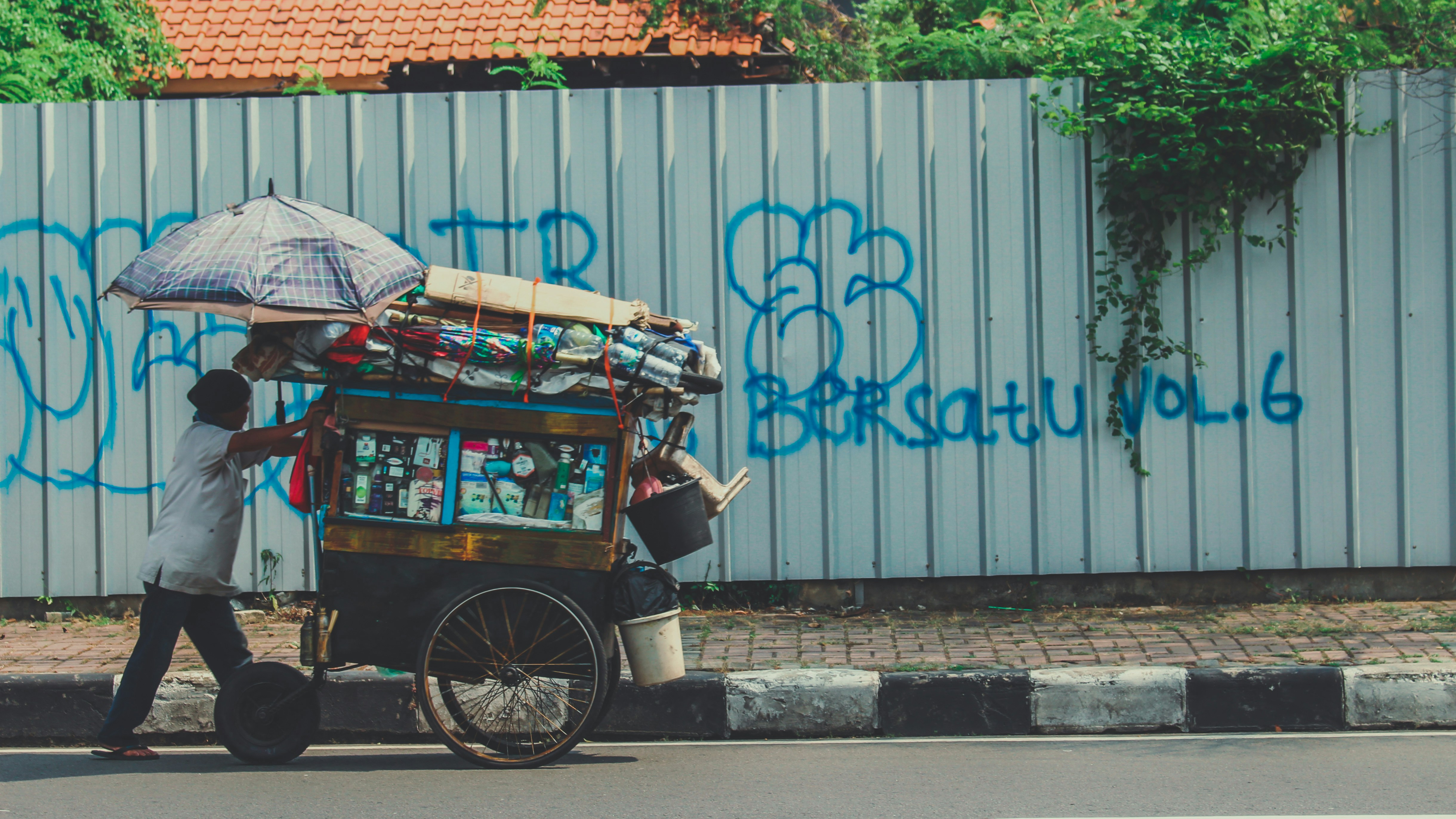 person pushing cart of textiles at the side of the road near wall with mural