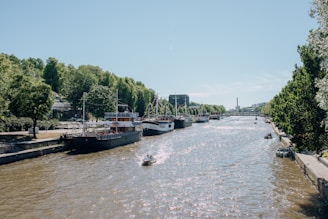 A scenic river flows through a city, lined with lush green trees on both sides. Several large boats are docked along the riverbank, while smaller boats gently move along the water. A bridge spans across the river in the distance, with urban buildings visible beyond.