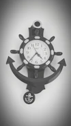 A black wall clock with a nautical theme is designed like a ship's wheel. The clock face has standard numerals and ornamental details resembling ship accoutrements. Below the clock is an anchor motif that complements the overall nautical design.
