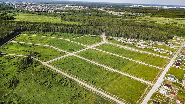 An aerial view of a green landscape featuring a grid of open grassy plots, surrounded by forested areas. Several residential houses are situated near the edges of the plots, with a larger urban area visible in the distance. The scene includes roads dividing the plots and leading into the wooded regions.