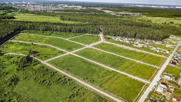 An aerial view of a green landscape featuring a grid of open grassy plots, surrounded by forested areas. Several residential houses are situated near the edges of the plots, with a larger urban area visible in the distance. The scene includes roads dividing the plots and leading into the wooded regions.