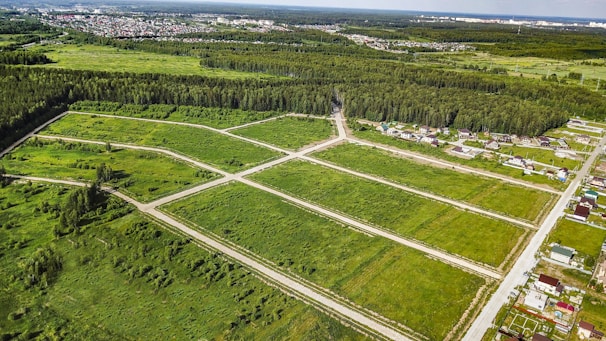 An aerial view of a green landscape featuring a grid of open grassy plots, surrounded by forested areas. Several residential houses are situated near the edges of the plots, with a larger urban area visible in the distance. The scene includes roads dividing the plots and leading into the wooded regions.